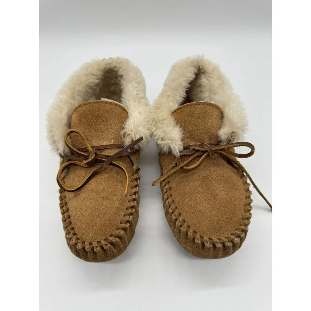 MINNETONKA Moccasin Boys Girls 3 Charley Bootie Tan Suede Slippers Shoes